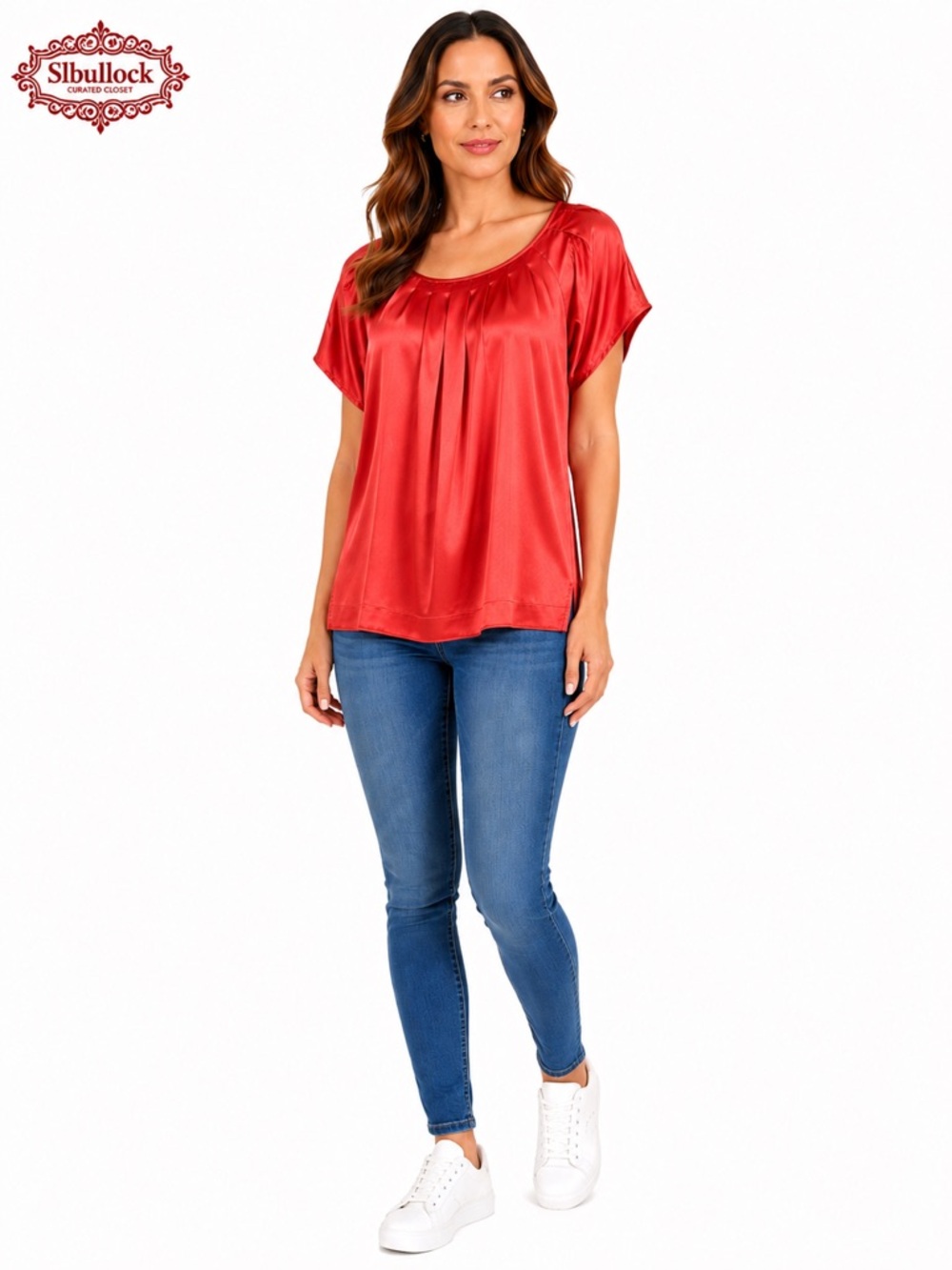 C4 Chaus Small Burnt Orange Satin Short Sleeve Blouse Rust Side Slit Top